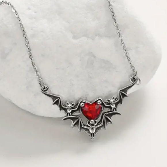Gothic Punk Style Bat Wing Heart Pendant Necklace with Rhinestone Accents - Picture 3 of 6